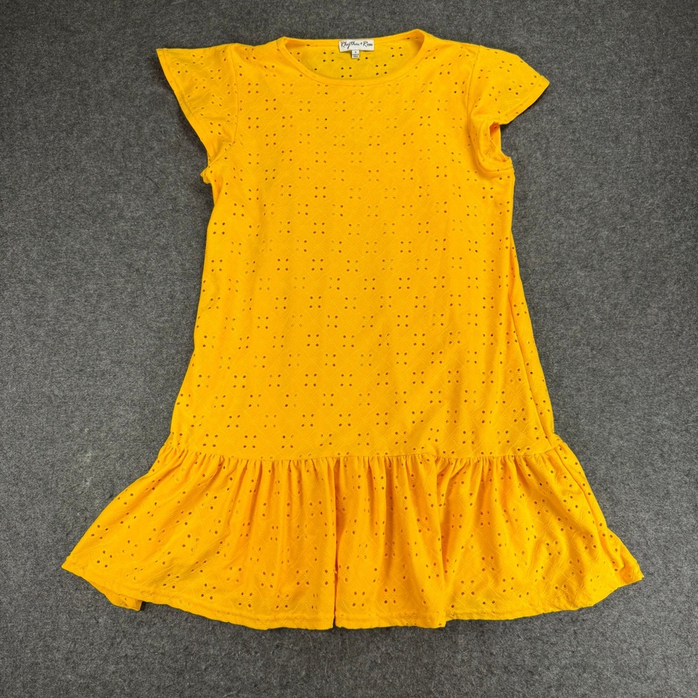 Rhythm + Rose Yellow Eyelet Dress Ruffle Hem Short Sleeve Womens Small